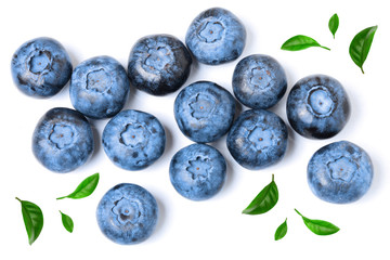fresh ripe blueberry with leaf isolated on white background. Top view. Flat lay pattern