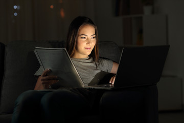 Happy student studying online in the night