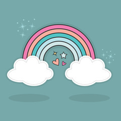 Cute abstract rainbow and clouds with hearts and stars sparkles in the sky with shadows on blue teal background