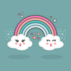 Cute abstract happy kissing emoji clouds and rainbow with hearts glitters in the sky with shadows on blue background