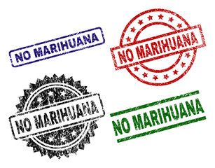 NO MARIHUANA seal prints with corroded style. Black, green,red,blue vector rubber prints of NO MARIHUANA text with corroded style. Rubber seals with round, rectangle, rosette shapes.