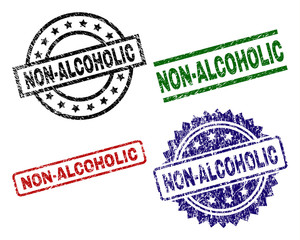 NON-ALCOHOLIC seal prints with damaged style. Black, green,red,blue vector rubber prints of NON-ALCOHOLIC tag with retro style. Rubber seals with round, rectangle, medal shapes.