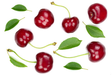 Sweet red cherries isolated on white background with copy space for your text. Top view. Flat lay pattern