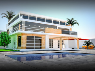 Modern luxurious villa with pool and garden .3d rendering 