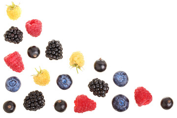 blackberry blueberry raspberry black currant isolated on white background with copy space for your text. Top view. Flat lay pattern