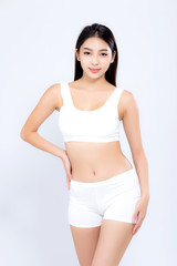 Fototapeta premium Portrait young asian woman smiling beautiful body diet with fit isolated on white background, model girl weight slim with cellulite or calories, health and wellness concept.