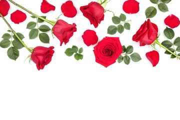beautiful red rose with leaves and petals isolated on white background with copy space for your text. Top view. Flat lay pattern