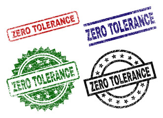 ZERO TOLERANCE seal prints with corroded texture. Black, green,red,blue vector rubber prints of ZERO TOLERANCE text with dirty texture. Rubber seals with circle, rectangle, medal shapes.