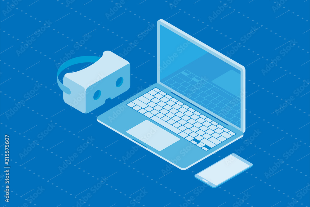 Poster set of gadgets for virtual and augmented reality. isometric computer with smartphone and vr glasses 