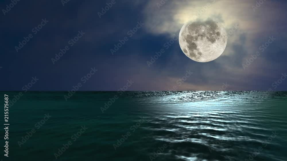 Wall mural animated video showing a low, full moon glistening over the ocean with beautiful reflections off the