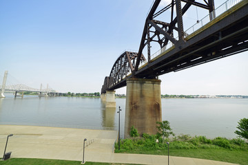 Vintage railway bridge repurposed as a walkway across the Ohio river