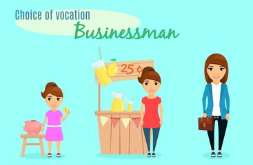 Choice of vocation. Profession businessman. A little girl from childhood chose the profession of a businessman. A little girl with a piggy Bank. 