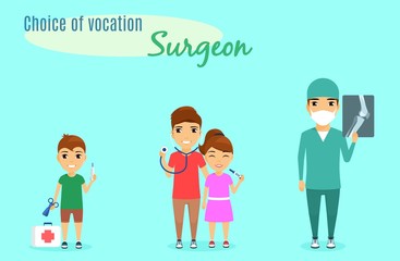 Choice of vocation. Profession surgeon. The little boy chose the profession of a surgeon from childhood. A little boy with a baby doctor set. 