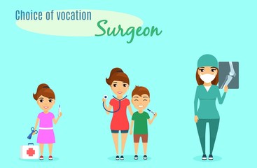 Choice of vocation. Profession surgeon. The little girl chose the profession of a surgeon from childhood. A little girl with a baby doctor set. 