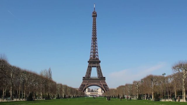 A postcard shot of the Eiffel Tower in the afternoon.