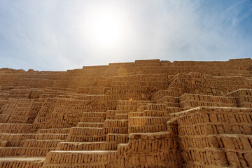 Staircase of clay bricks in a pyramid of the ruins of Huaca Pucllana in Lima (Peru)