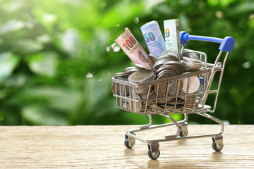 Full of Money and coin in shopping cart on green nature background with copy space. Reword or Cash back from shopping. Business and Finance concept. 