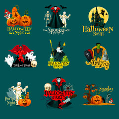 Halloween trick treat night party vector icons