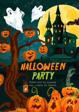 Halloween pumpkin and ghost house greeting banner