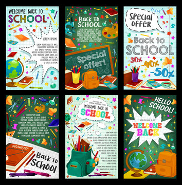 School supplies sale banner with student items