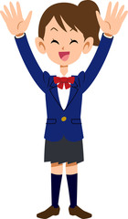 両手を上げて喜ぶ女子学生
