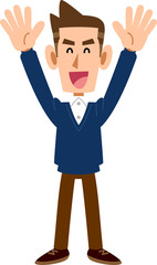 両手を上げて喜ぶ男性
