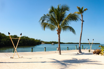 Party beach in the Florida Keys with sea birds and tiki torches and palm trees and boats out in the...