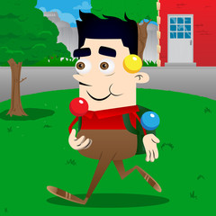 Schoolboy juggler. Vector cartoon character illustration.