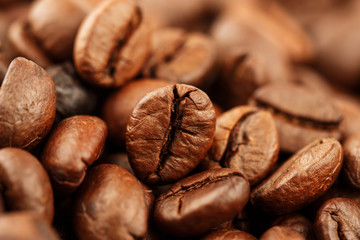 Closeup of coffee beans with selective focus for background