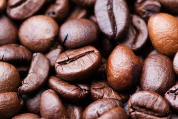 Closeup of coffee beans with selective focus for background