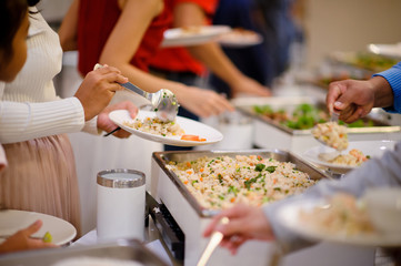 buffet food, catering food party at restaurant, mini canapes, snacks and appetizers