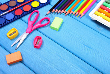 School accessories, back to school concept, copy space for text on boards