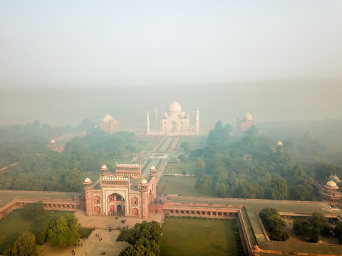 Aerial View Of Taj Mahal In Agra India Covered With Morning Fog