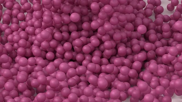 Animated close up of falling great amount of plain pink golf balls on white base or background bouncing of it and spreading then tumbling  or rolling toward the center.