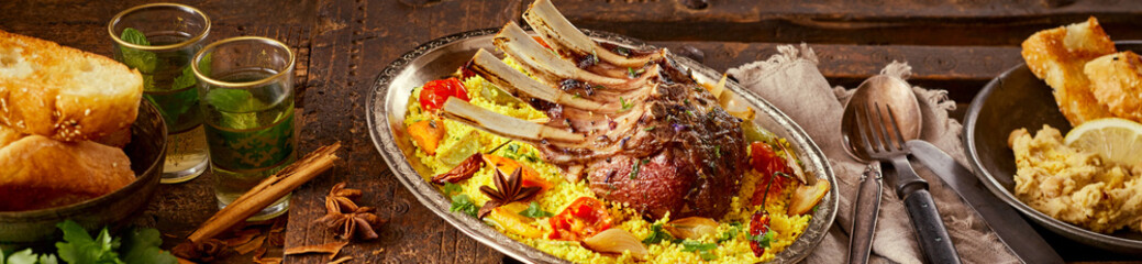 Wide panorama banner of spicy Oriental lamb