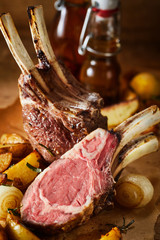 Tender barbecued rack of lamb cut through