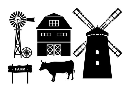 Farm. Farm elements - windmill, barn, wind turbines, wheel, cow, wooden plaque. Vector illustration.