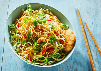 Vegetarian Chinese Noodle Bowl with Chopsticks