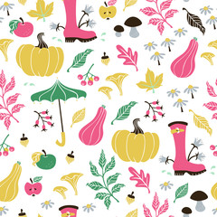 Seamless Vector Pattern with Autumn Leaves, Pumpkin, Umbrella and etc.