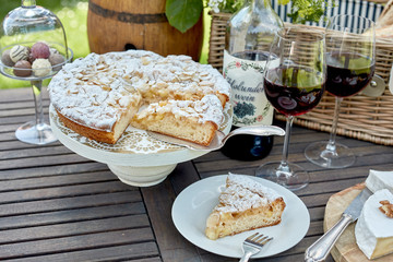 Sliced freshly baked cake or tart for dessert