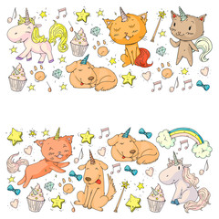 Vector unicorns. Caticorn. Cat, dog, pony with horn and rainbow. Fantasty vector icons. Cute kindergarten pattern for little children. Princess fairy tale.