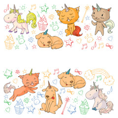 Vector unicorns. Caticorn. Cat, dog, pony with horn and rainbow. Fantasty vector icons. Cute kindergarten pattern for little children. Princess fairy tale.