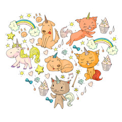 Vector unicorns. Caticorn. Cat, dog, pony with horn and rainbow. Fantasty vector icons. Cute kindergarten pattern for little children. Princess fairy tale.