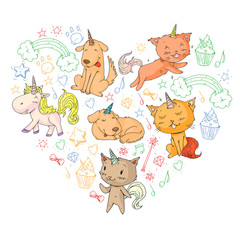 Vector unicorns. Caticorn. Cat, dog, pony with horn and rainbow. Fantasty vector icons. Cute kindergarten pattern for little children. Princess fairy tale.