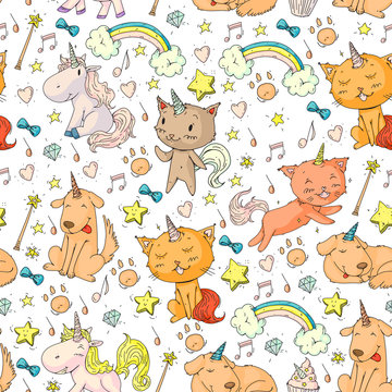 Vector unicorns. Caticorn. Cat, dog, pony with horn and rainbow. Fantasty vector icons. Cute kindergarten pattern for little children. Princess fairy tale.