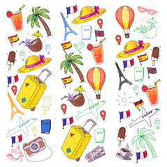 Vector pattern with travel icons. Get ready for adventures and travel. Great vacation, holidays. Hot air balloon, suitcase, airplane.