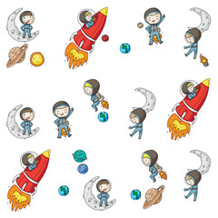 Space for children. Kids and cosmos exploration. Adventures, planets, stars. Earth and Moon. Rocket, shuttle, sun.