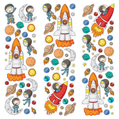 Space for children. Kids and cosmos exploration. Adventures, planets, stars. Earth and Moon. Rocket, shuttle, sun.