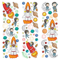 Space for children. Kids and cosmos exploration. Adventures, planets, stars. Earth and Moon. Rocket, shuttle, sun.