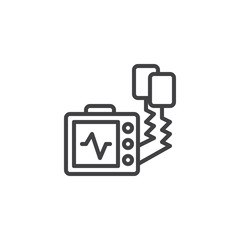 Defibrillator machine outline icon. linear style sign for mobile concept and web design. Automated external defibrillator line vector icon. AED symbol, logo illustration. Pixel perfect vector - obrazy, fototapety, plakaty